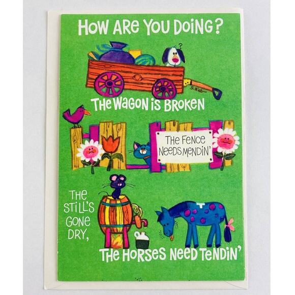 Vintage Hallmark Trifold Greeting Card Farm Funny RARE Get Well Horses Puppy Sad - Picture 1 of 9